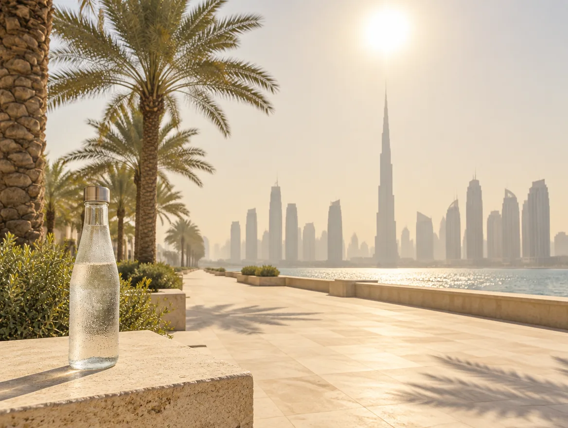 Water bottle on a sunlit palm-lined promenade with the Dubai skyline in the haze