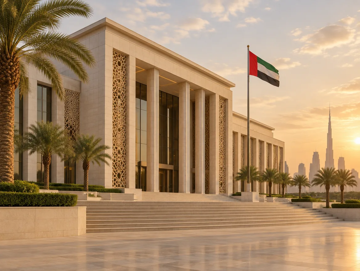 Illustrated civic building with a UAE flag and Dubai skyline