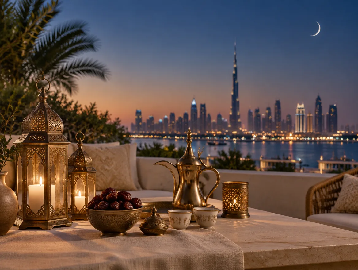 Ramadan lanterns, dates and a coffee pot beside the Dubai skyline at dusk