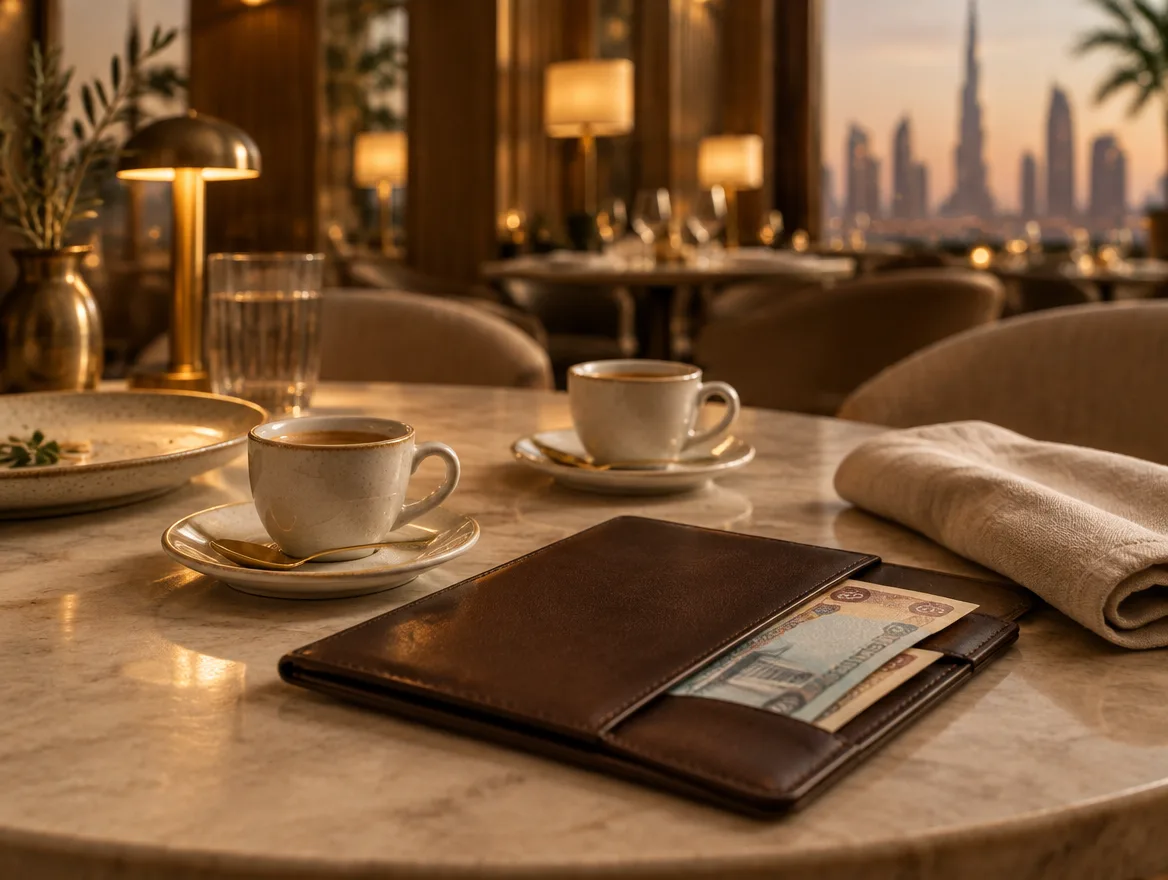 Cash tucked into a restaurant bill holder beside coffee cups