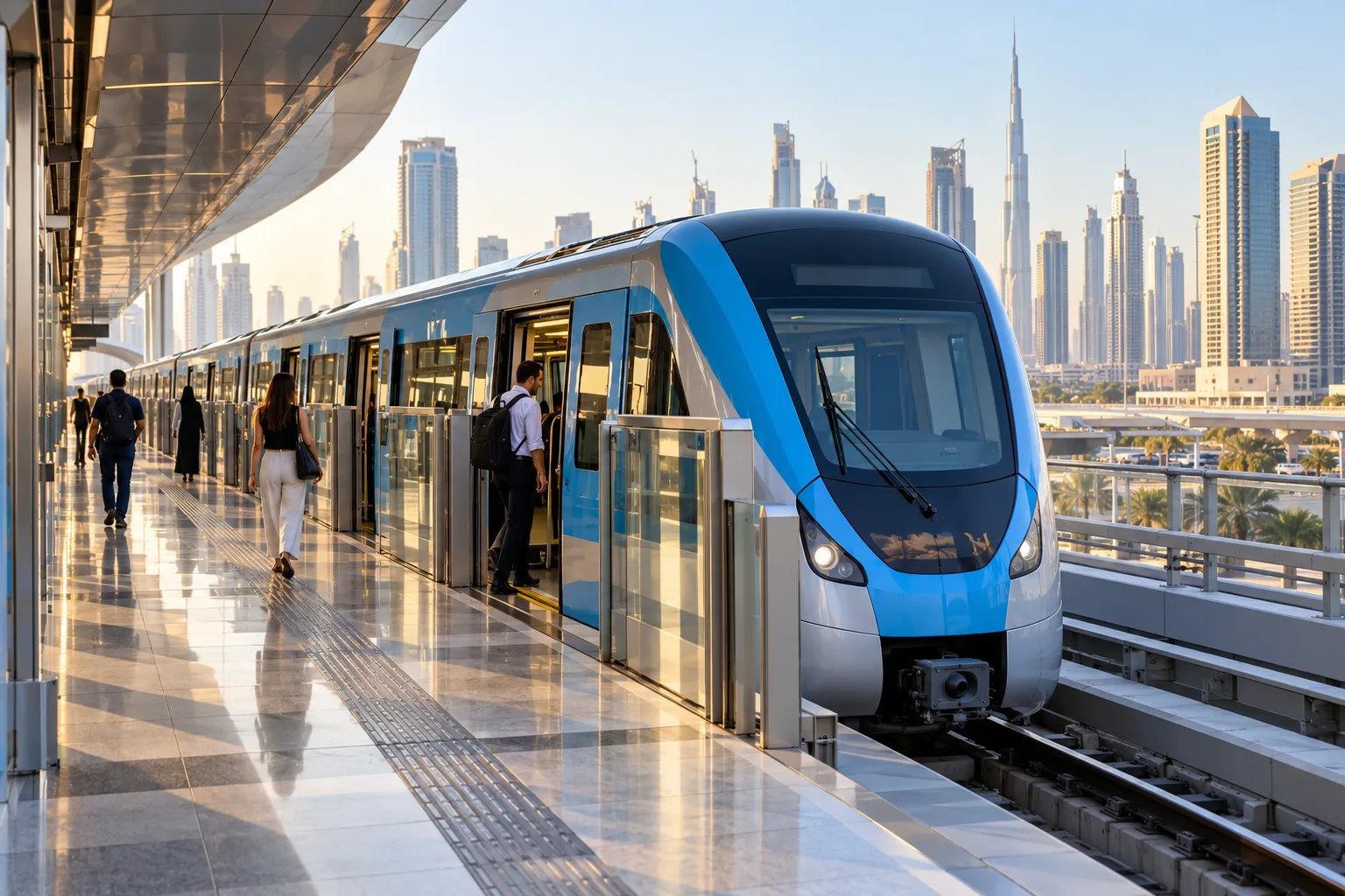 Illustration of a train and travellers on an elevated Dubai Metro platform