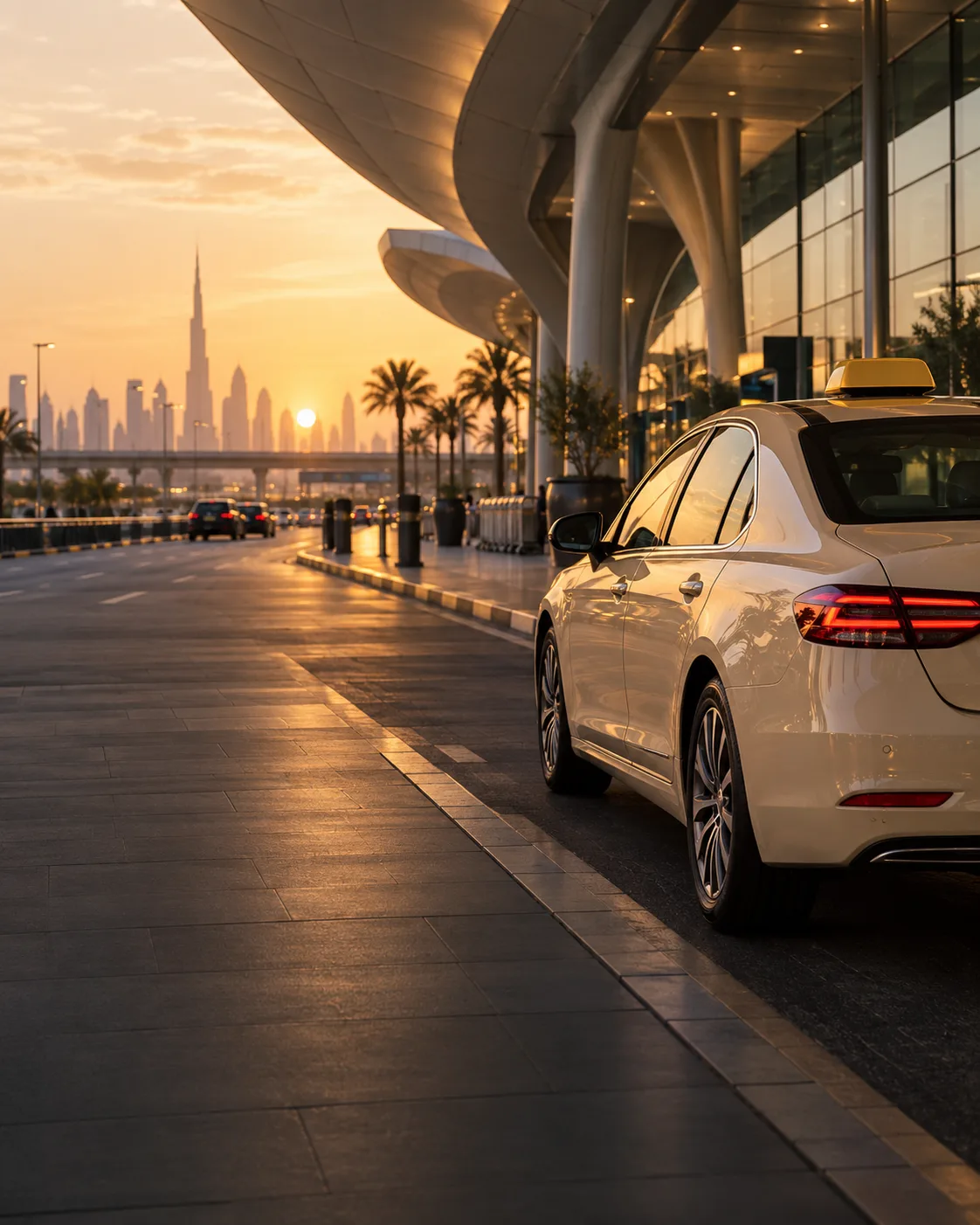 Dubai taxi outside a contemporary airport terminal